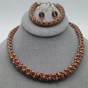 Handmade Topaz Glass Beaded Necklace Bracelet Earrings, Silver Plated Clasps